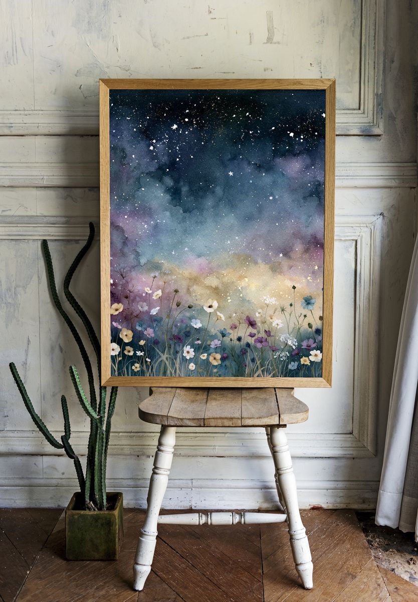 Starry Wildflower Meadow Print. room preview