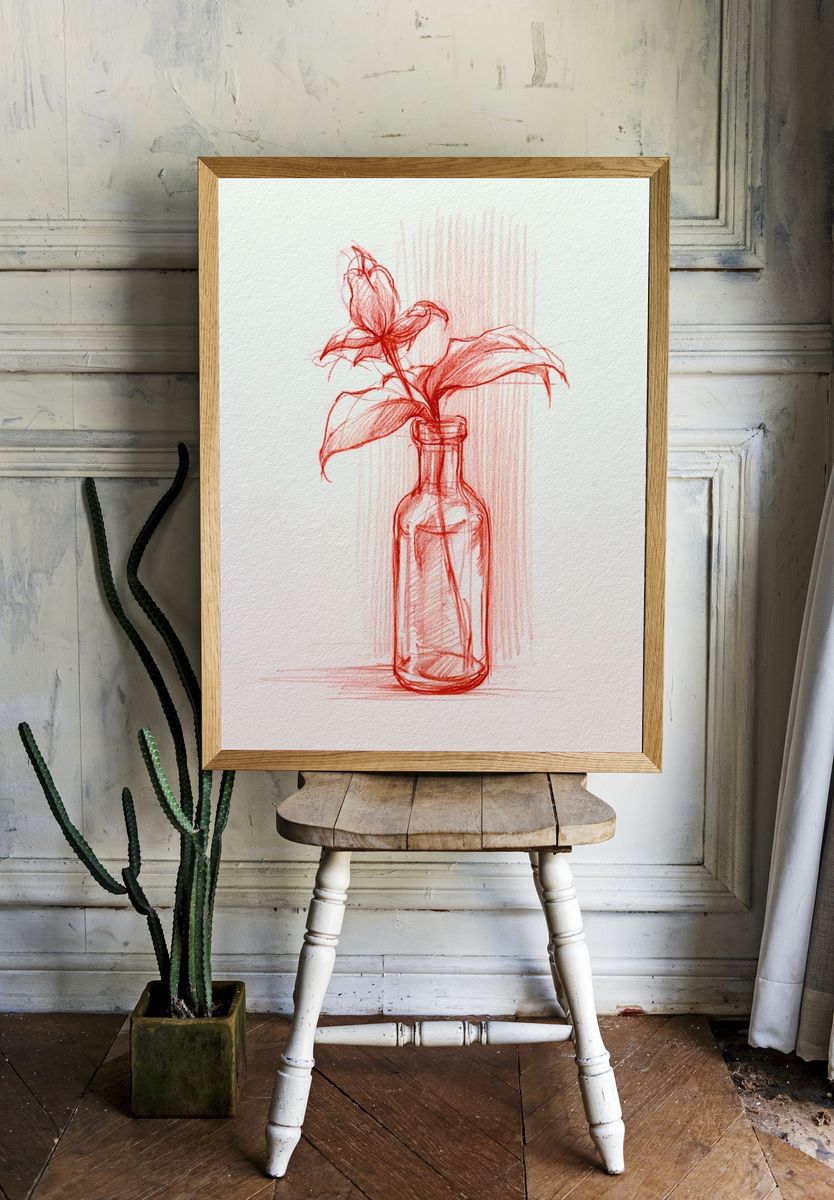Red Botanical Bottle Sketch Poster. room preview