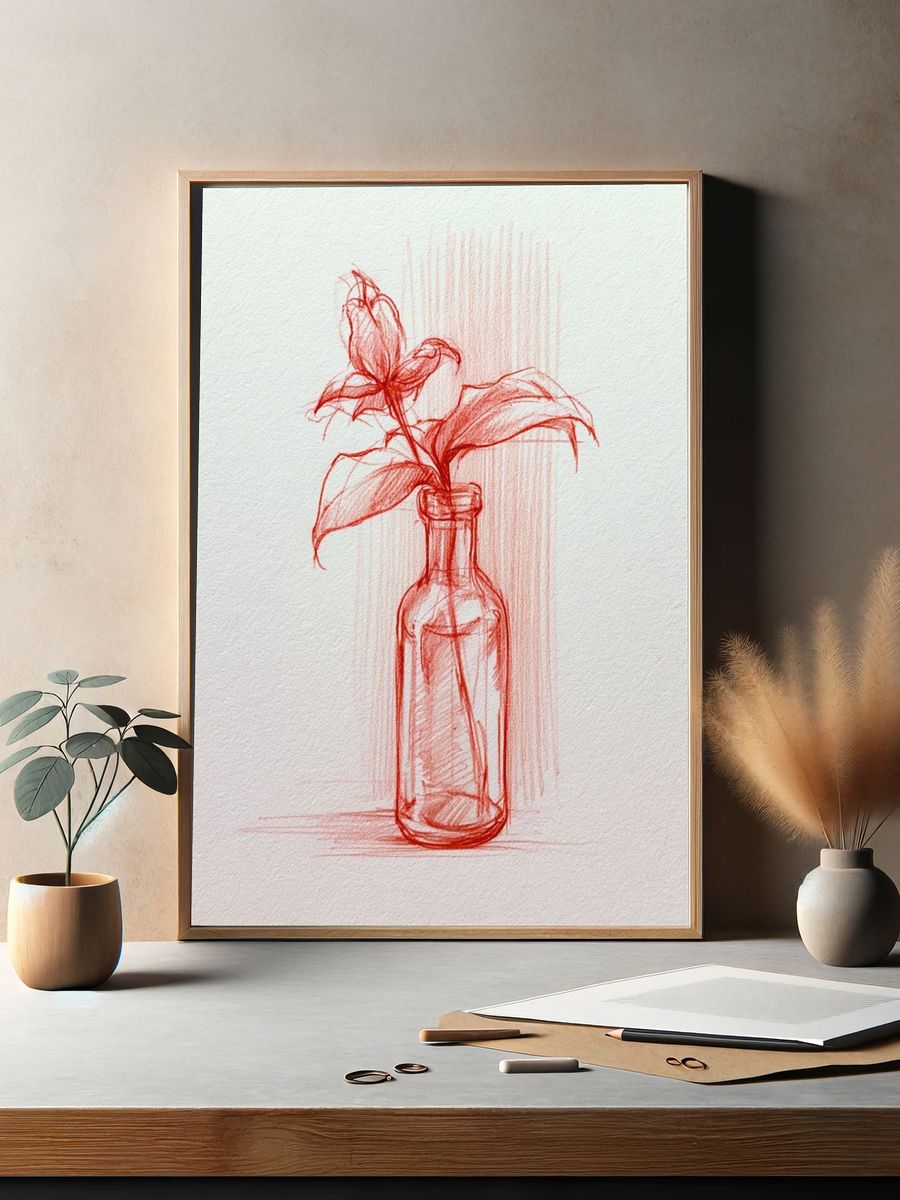 Red Botanical Bottle Sketch Poster. — room view 2