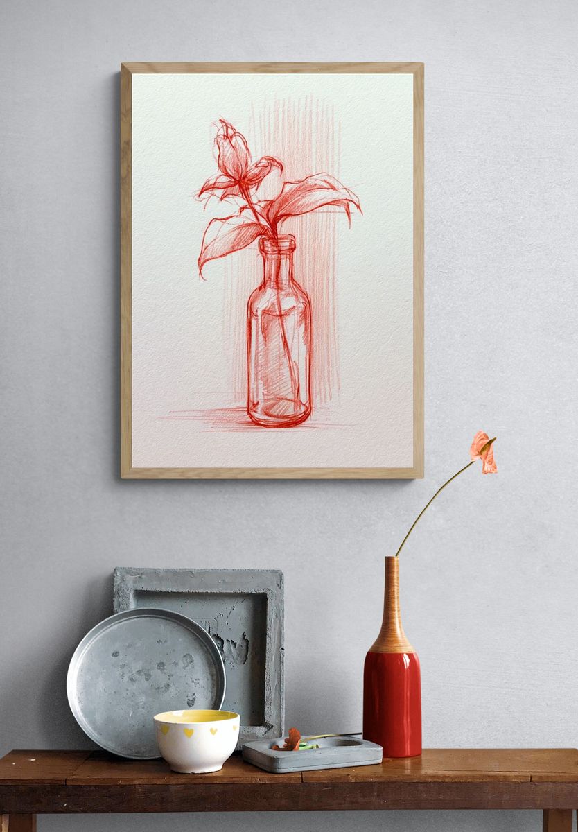 Red Botanical Bottle Sketch Poster. — room view 3