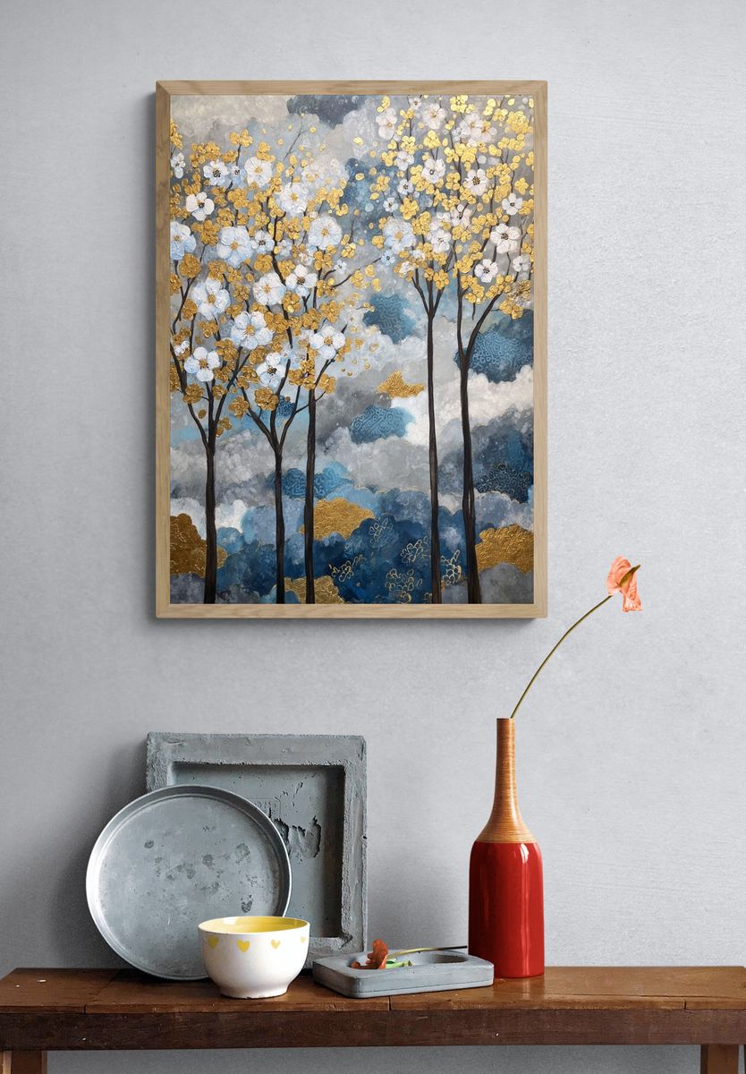 Golden Blossom Trees — Fine-Art Print. — room view 3