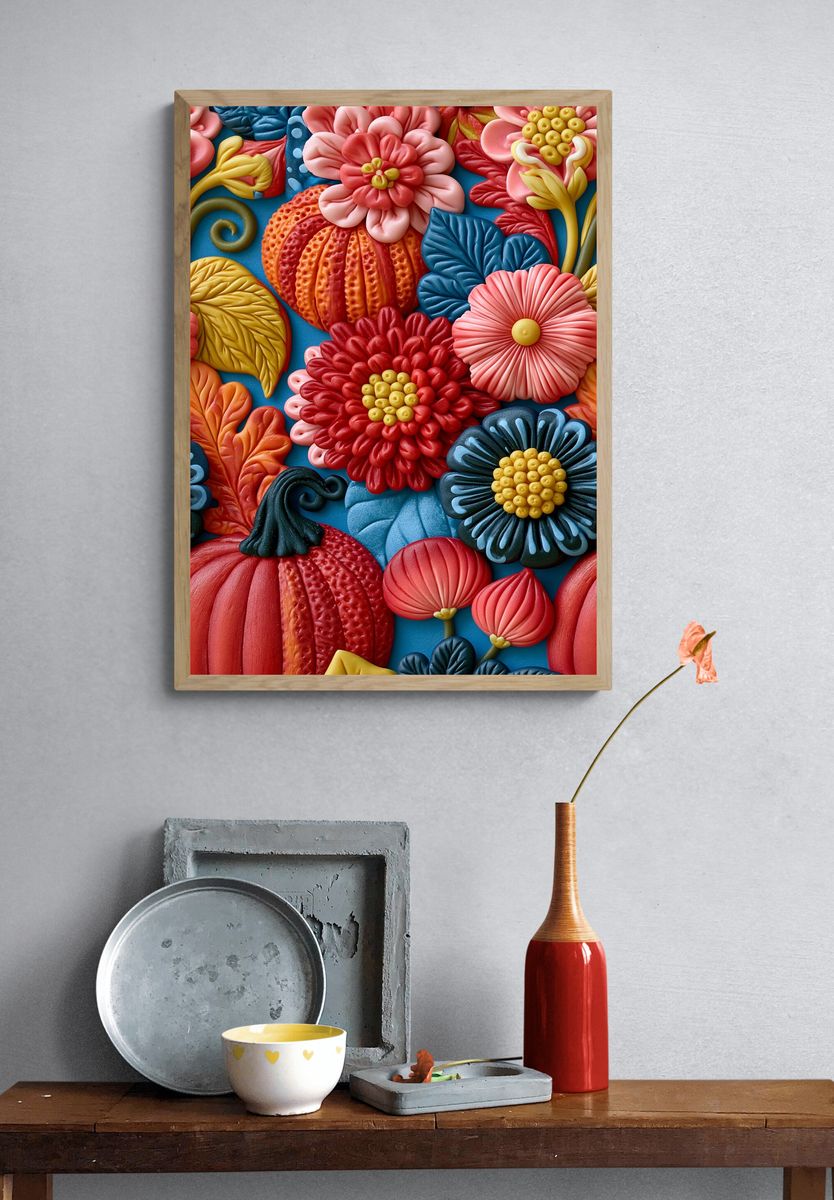 Textured Floral Relief Poster. — room view 3