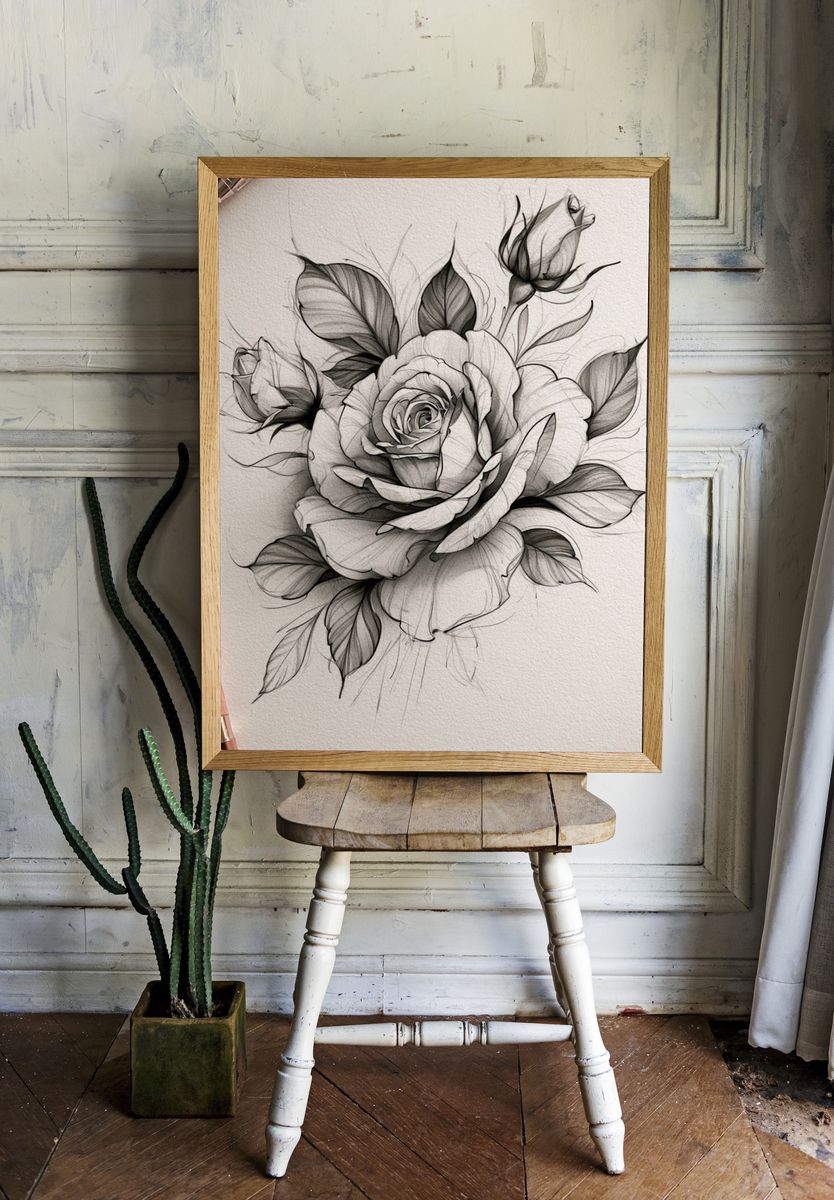 Rose Sketch Botanical Print. room preview