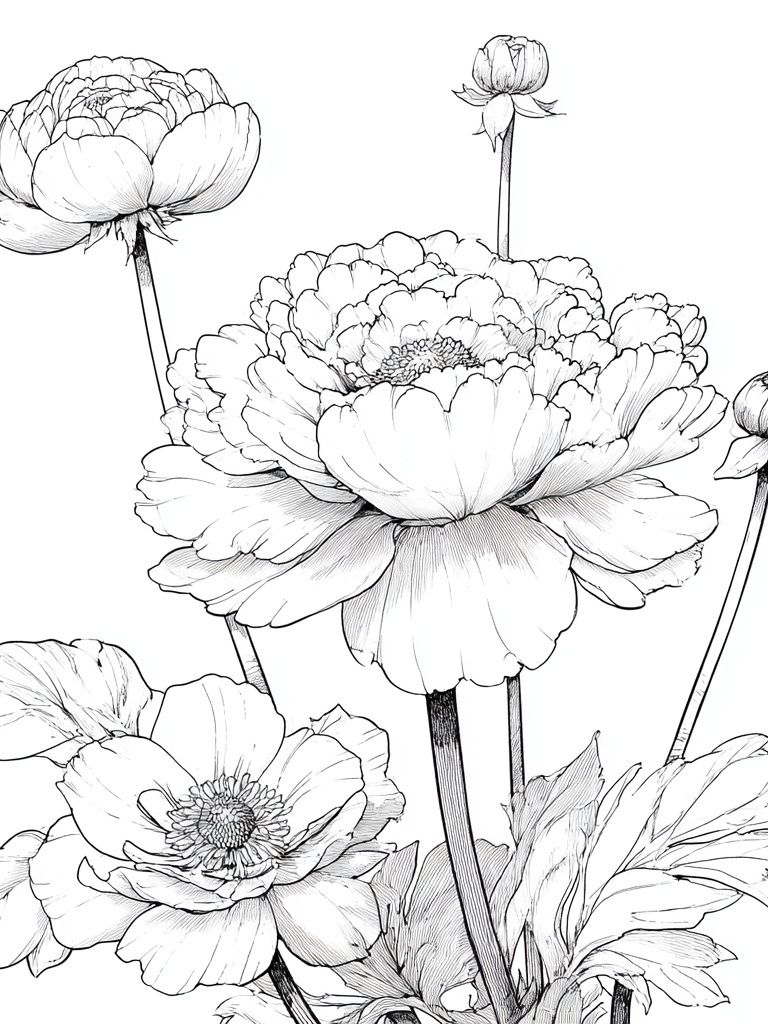 Peony Botanical Line Art Poster. poster detail