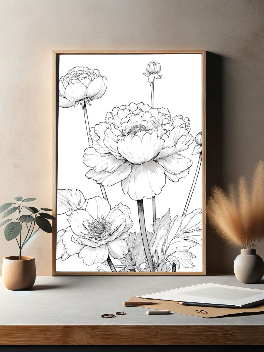 Peony Botanical Line Art Poster. — room view 2
