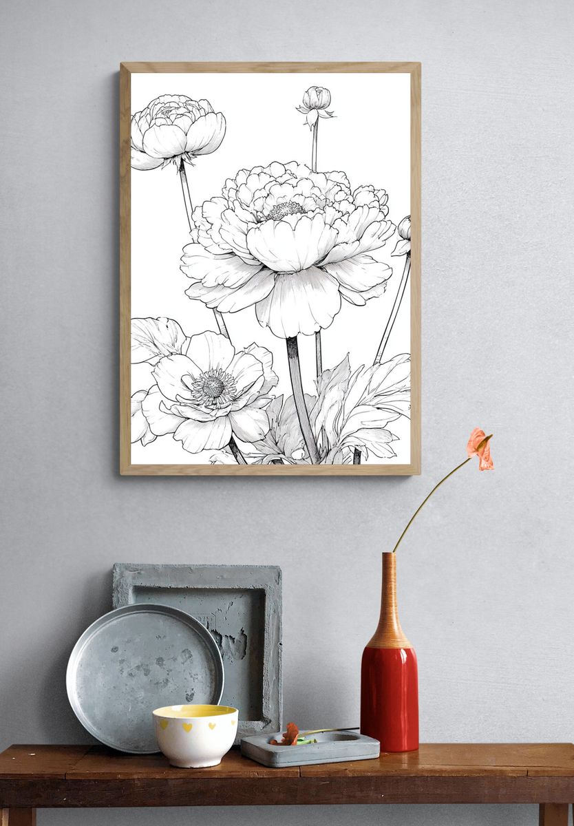 Peony Botanical Line Art Poster. — room view 3