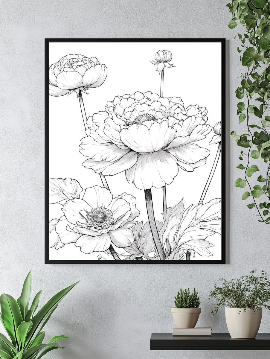 Peony Botanical Line Art Poster. — room view 4