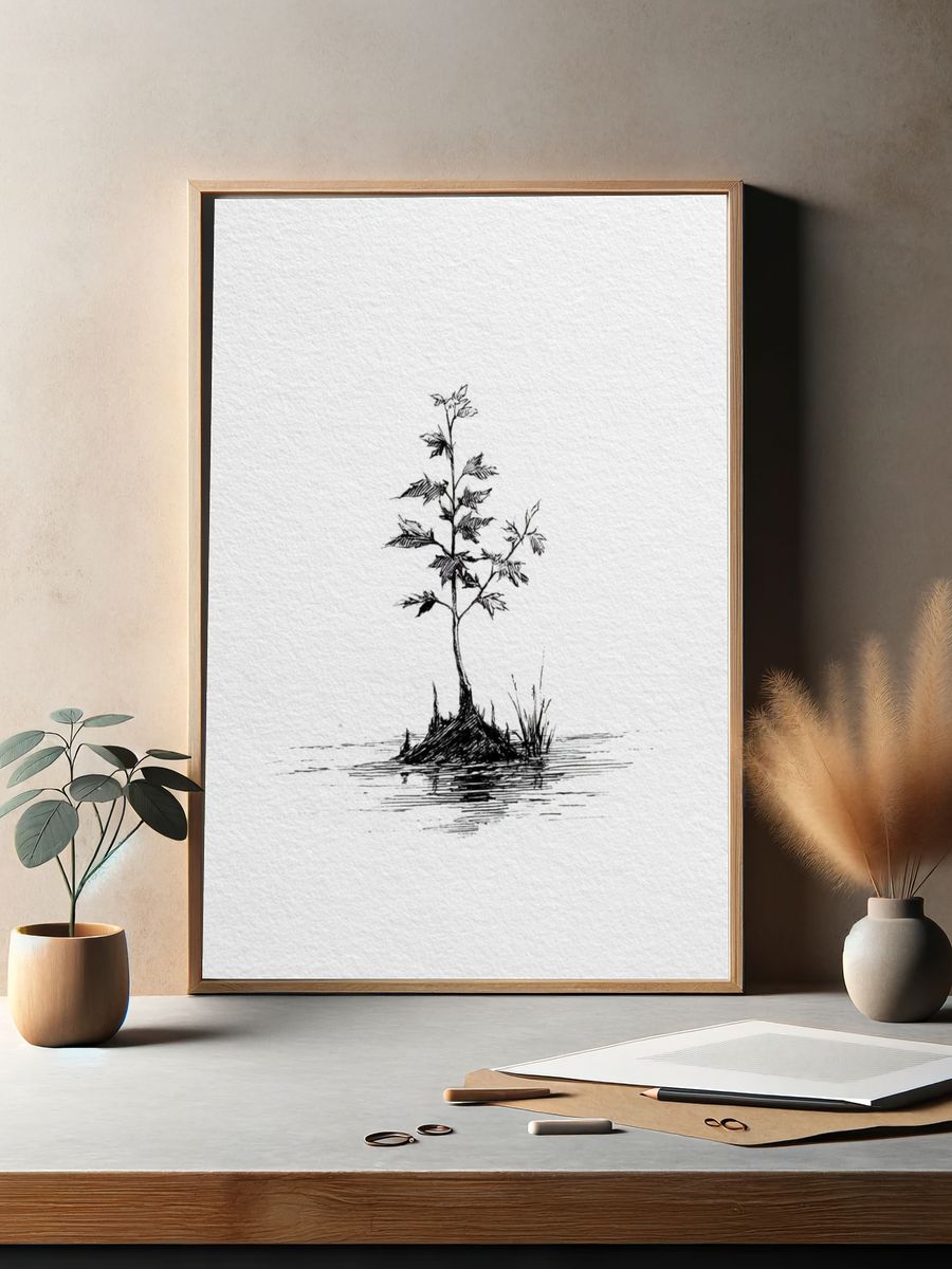 Solitary Sapling Ink Print. — room view 2