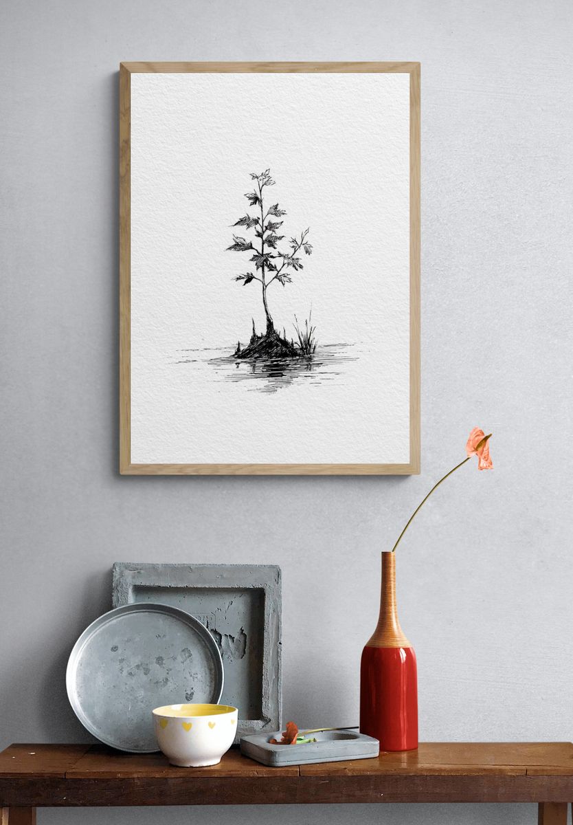 Solitary Sapling Ink Print. — room view 3