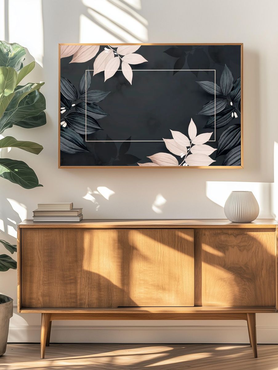 Rectangle golden foliage frame black. — room view 3