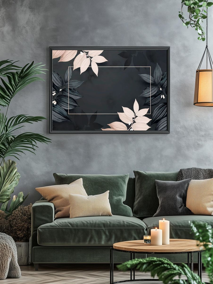 Rectangle golden foliage frame black. — room view 4