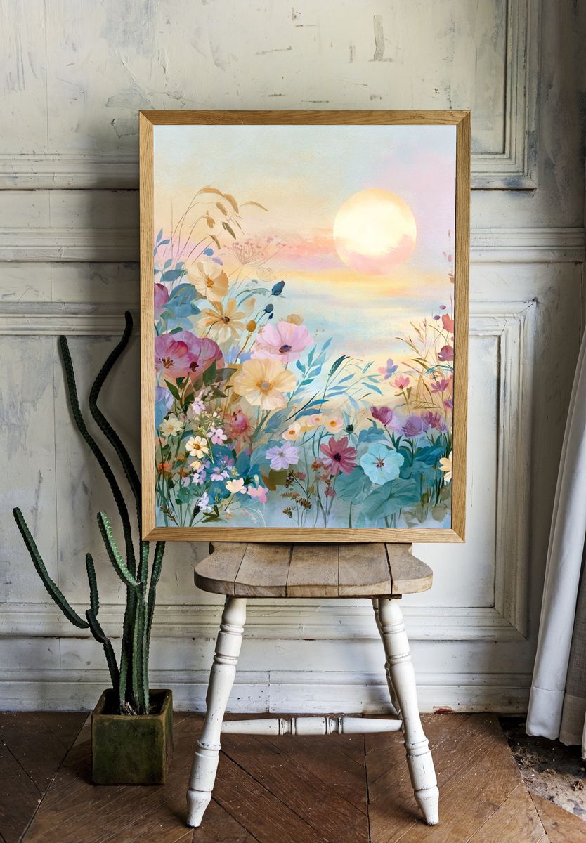 Pastel Wildflower Sunrise Print. room preview