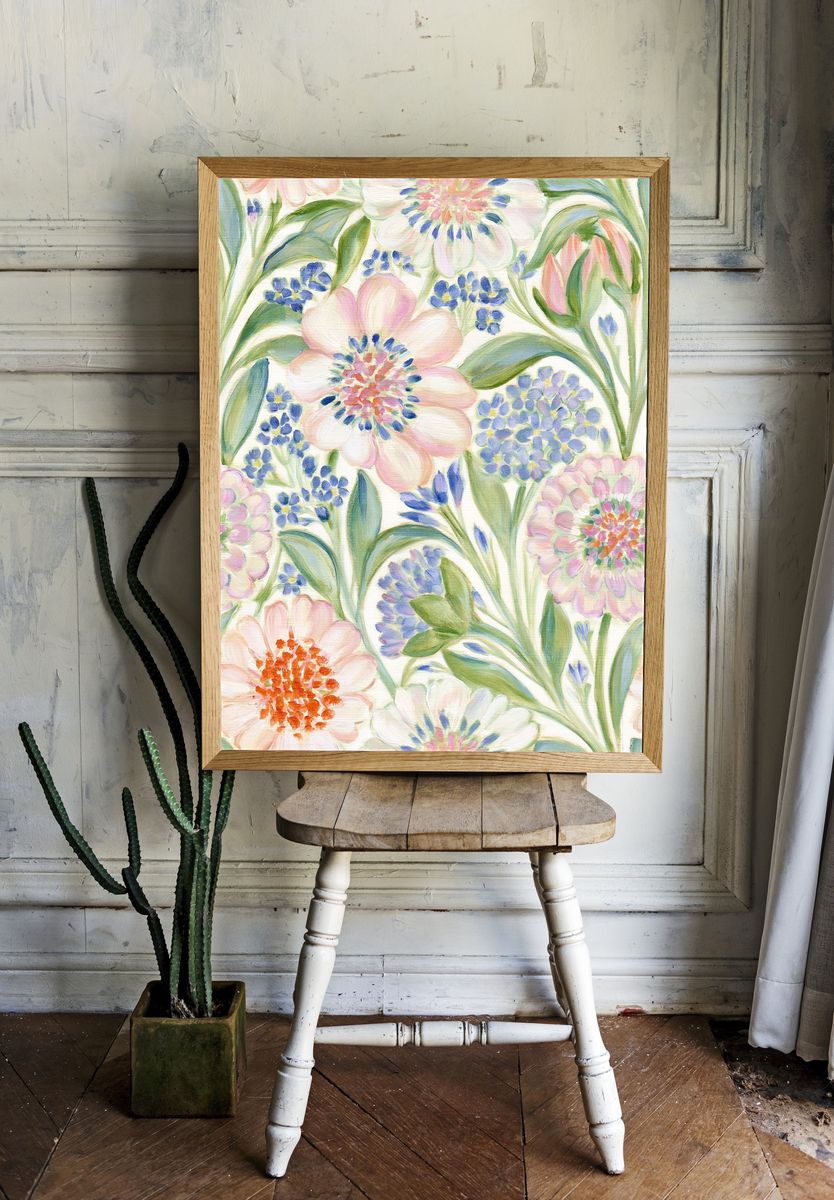 Pastel Floral Garden Print. room preview