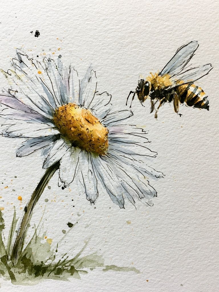 Bee and Daisy Watercolor Print. poster — botanical art