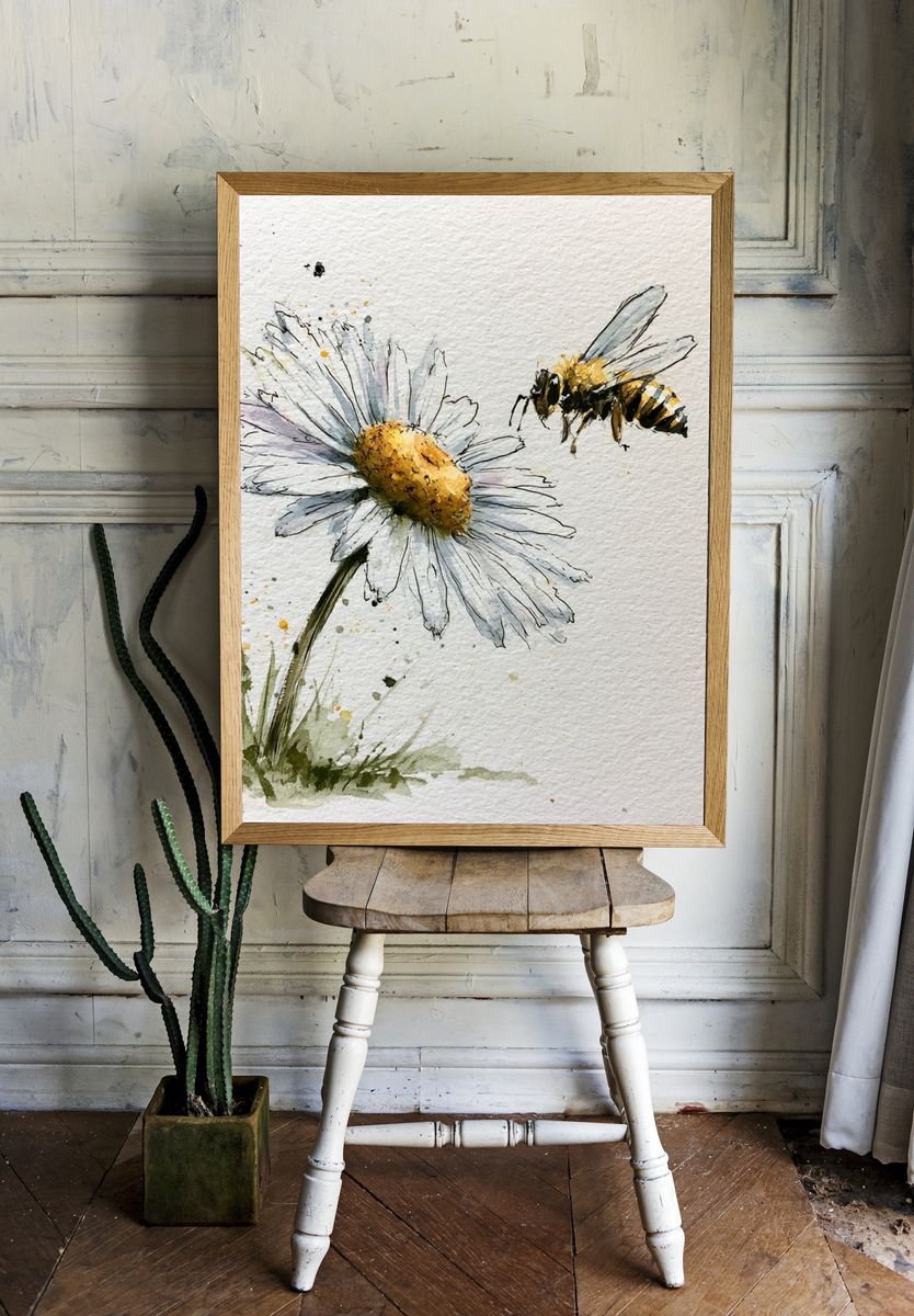 Bee and Daisy Watercolor Print. — room view 1