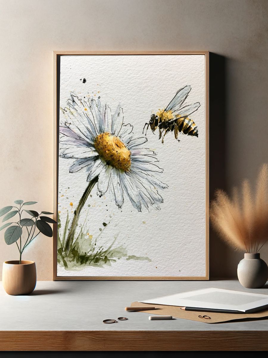 Bee and Daisy Watercolor Print. — room view 2