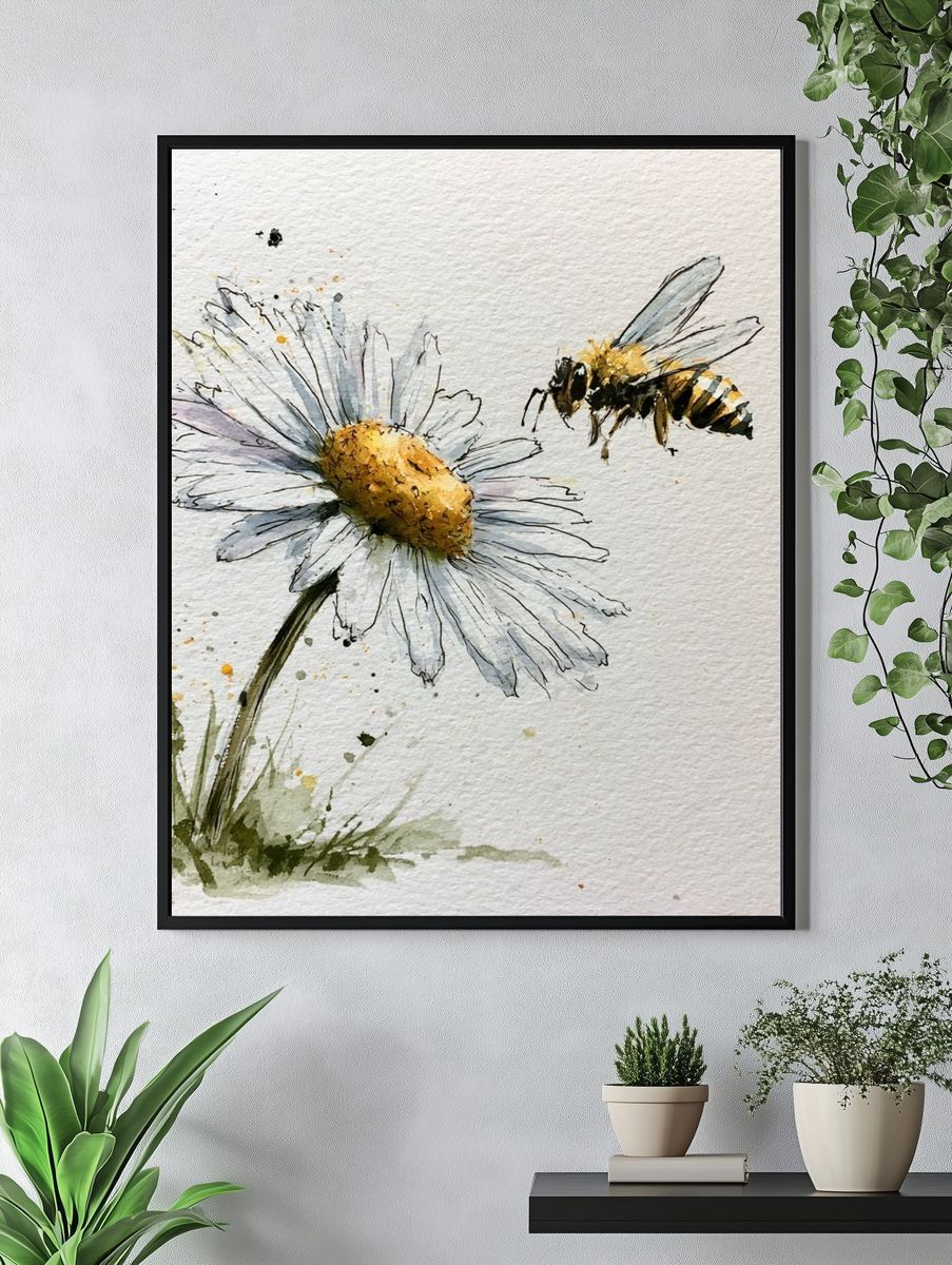 Bee and Daisy Watercolor Print. — room view 4
