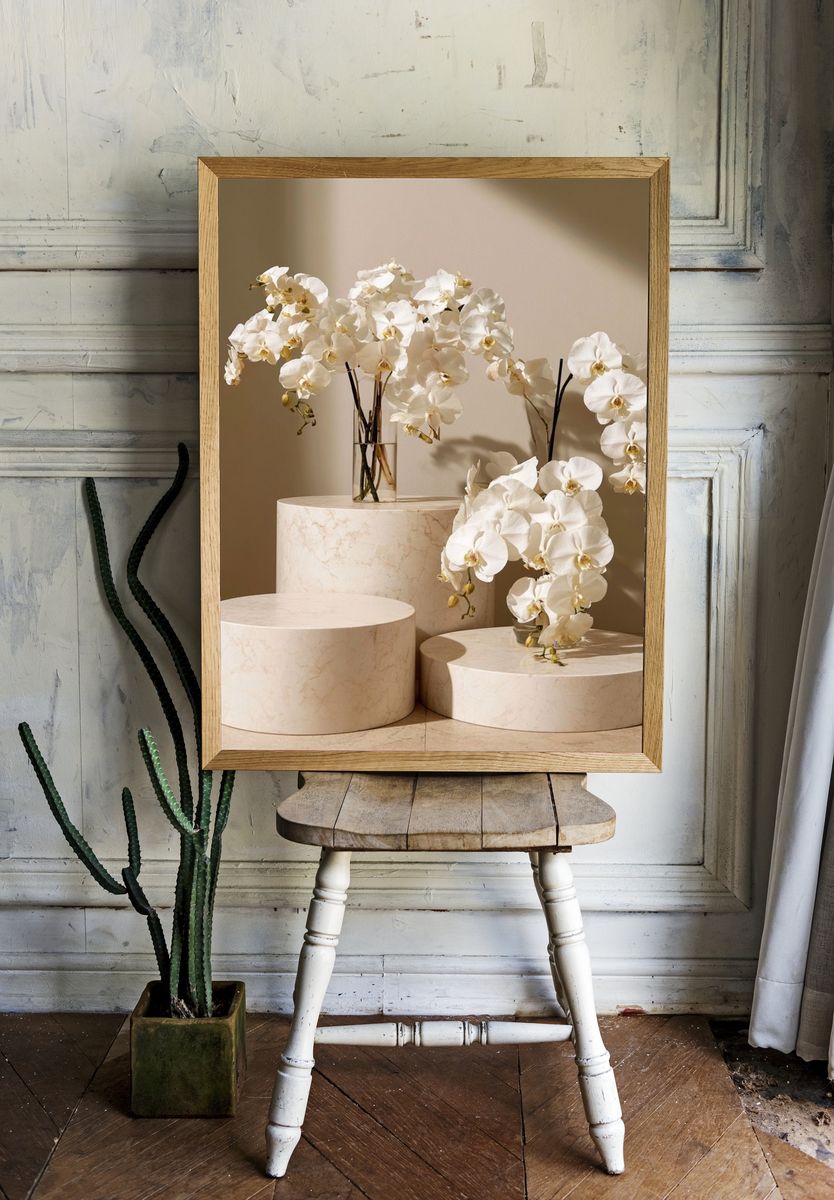 White Orchids Still Life Print. room preview
