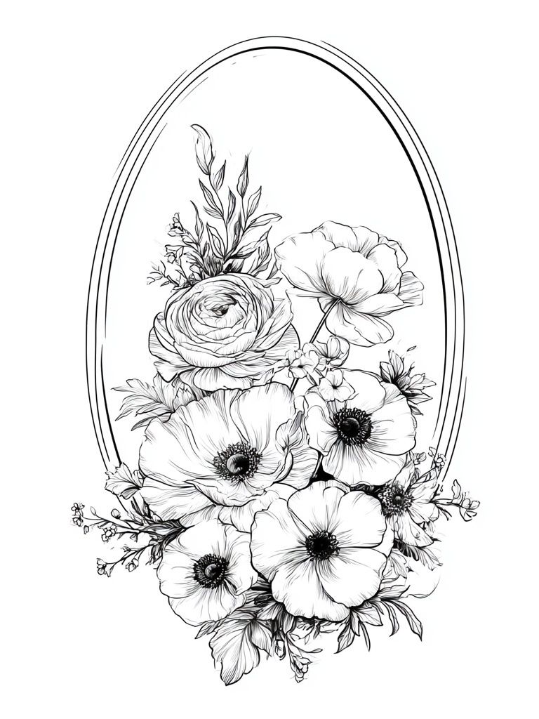 Floral Oval Line Art Poster. poster detail