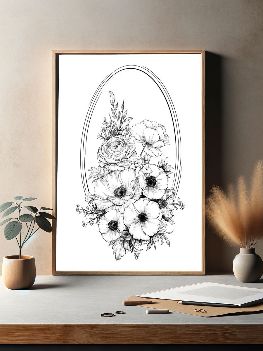 Floral Oval Line Art Poster. — room view 2