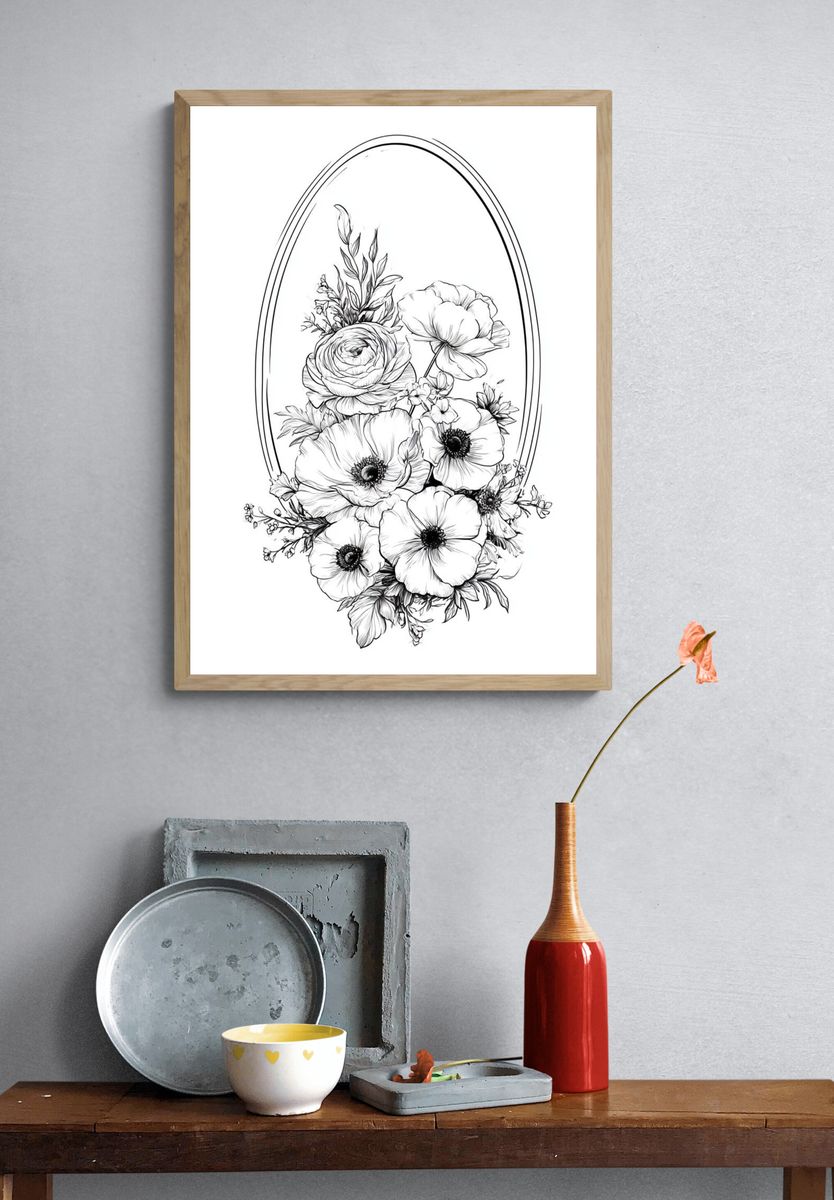 Floral Oval Line Art Poster. — room view 3