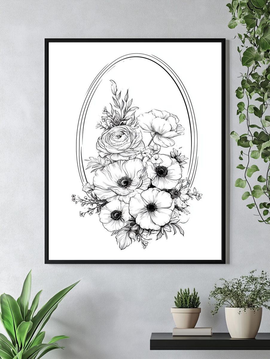 Floral Oval Line Art Poster. — room view 4