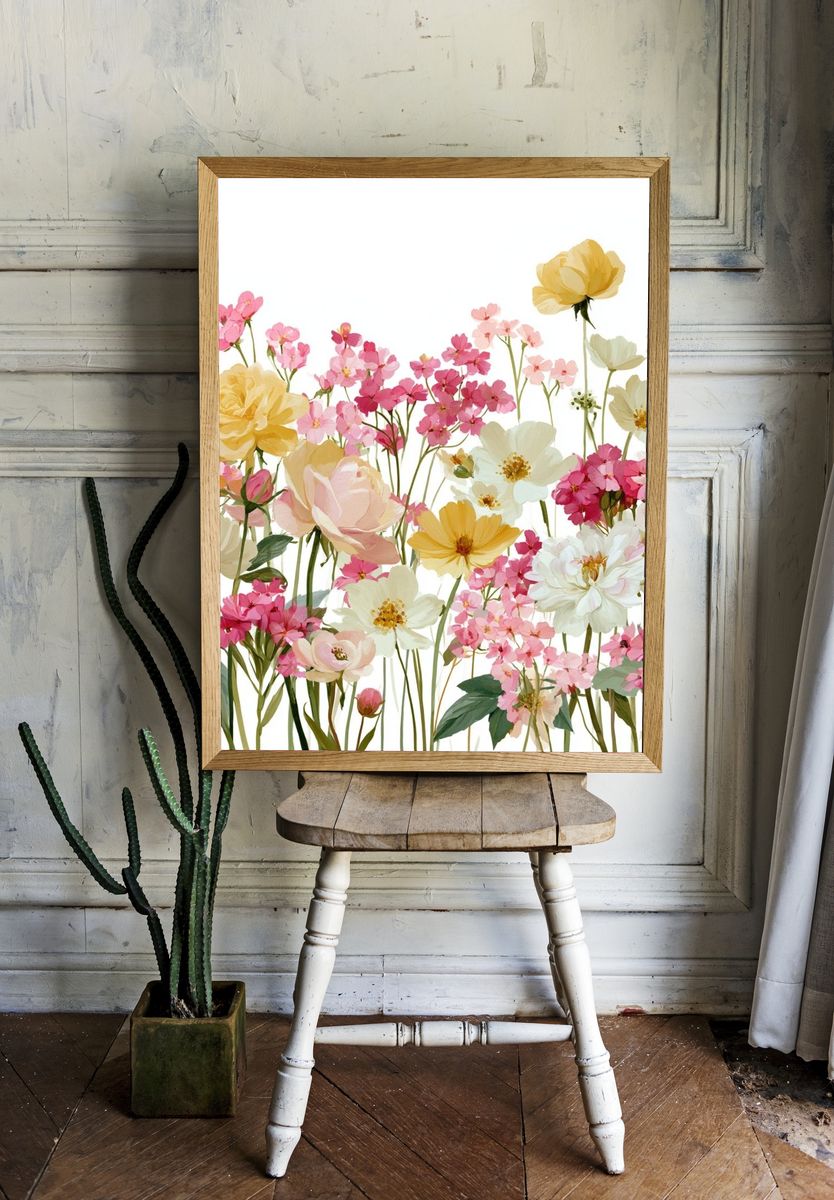 Pastel Wildflower Bouquet Print. room preview