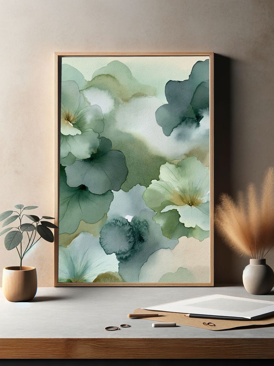 Soft Green Floral Watercolor Poster. — room view 2