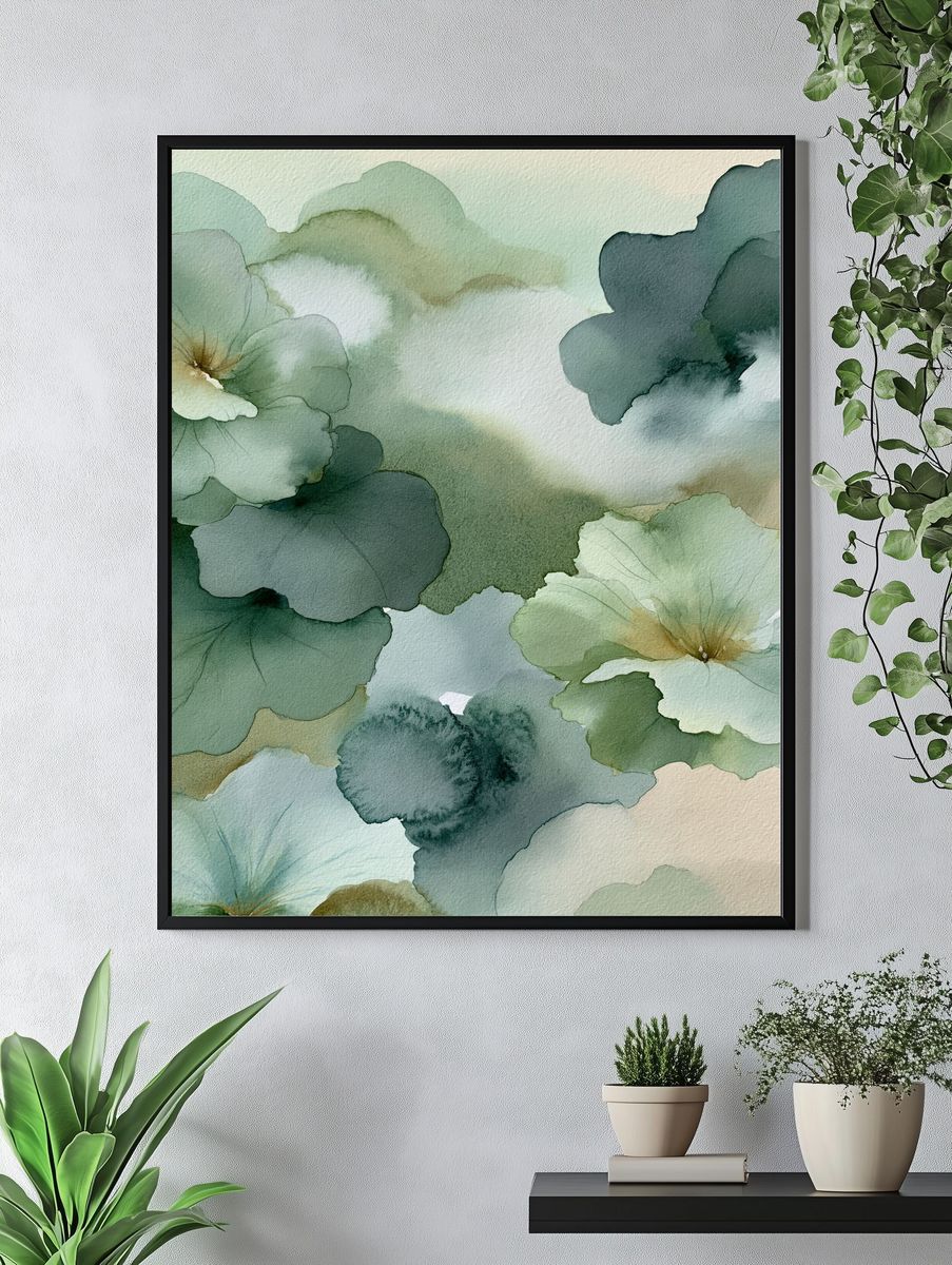 Soft Green Floral Watercolor Poster. — room view 4