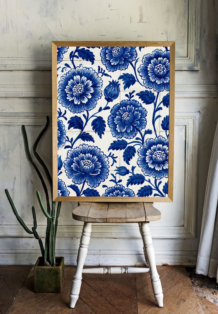 Blue Floral Tile Pattern Print. room preview