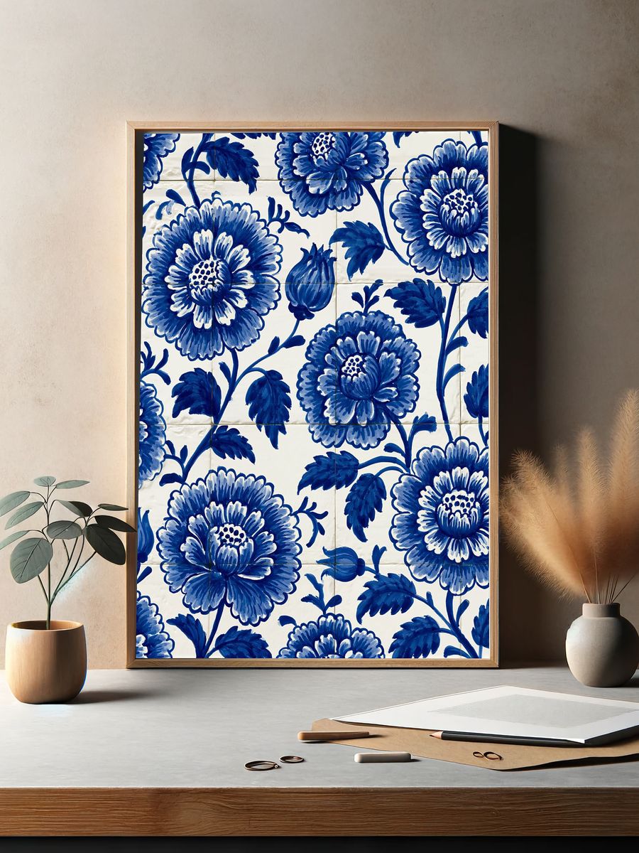 Blue Floral Tile Pattern Print. — room view 2