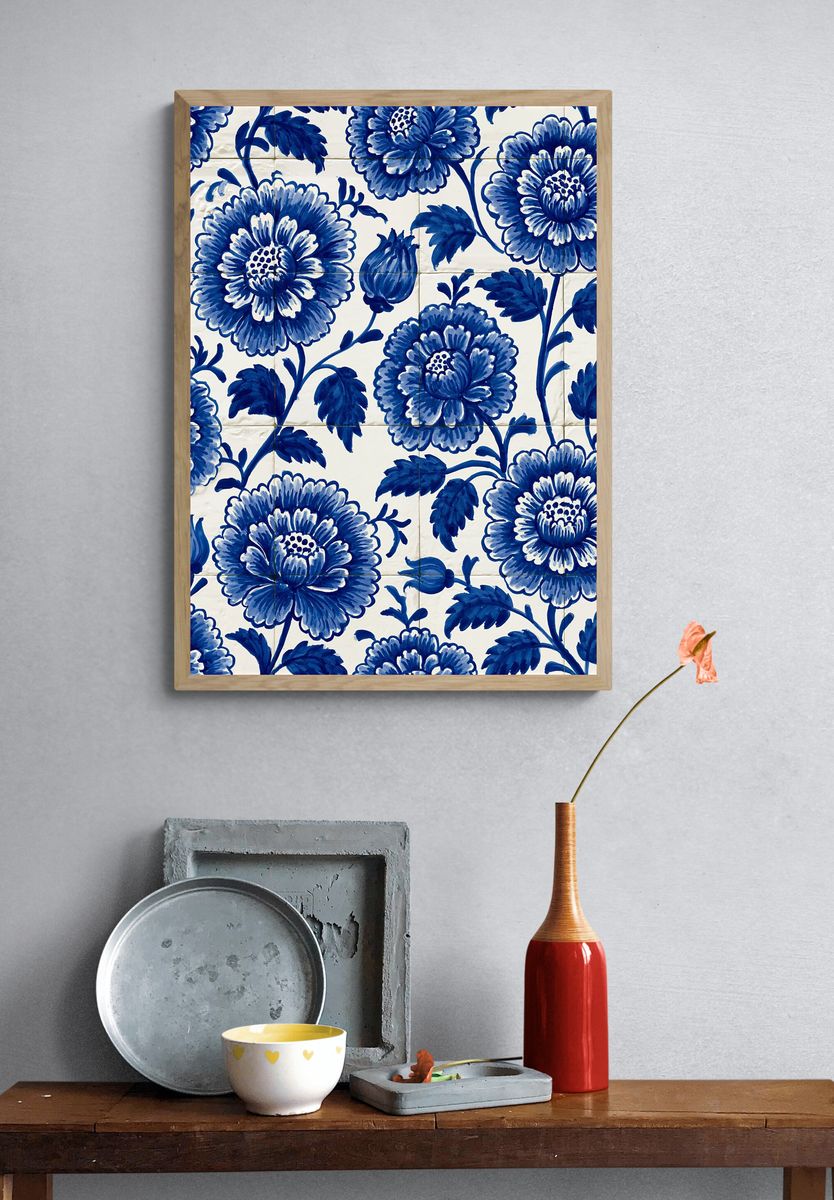 Blue Floral Tile Pattern Print. — room view 3