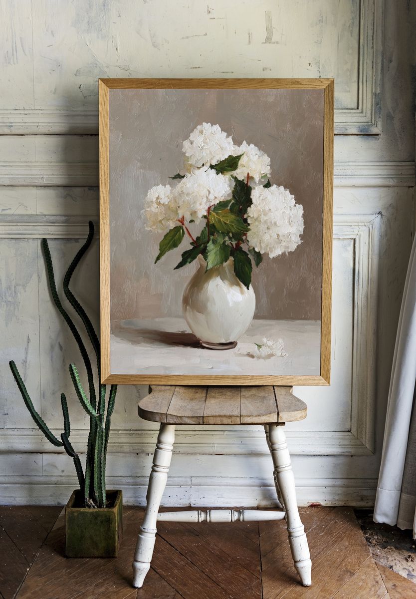 White Hydrangeas Still Life Print. — room view 1