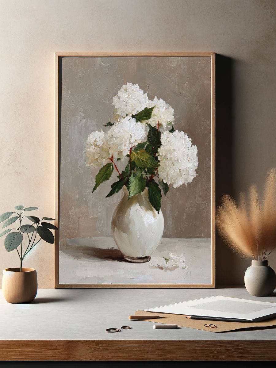 White Hydrangeas Still Life Print. — room view 2