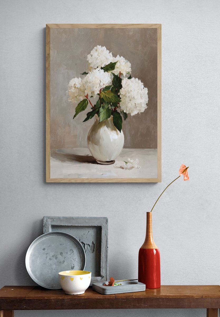 White Hydrangeas Still Life Print. — room view 3