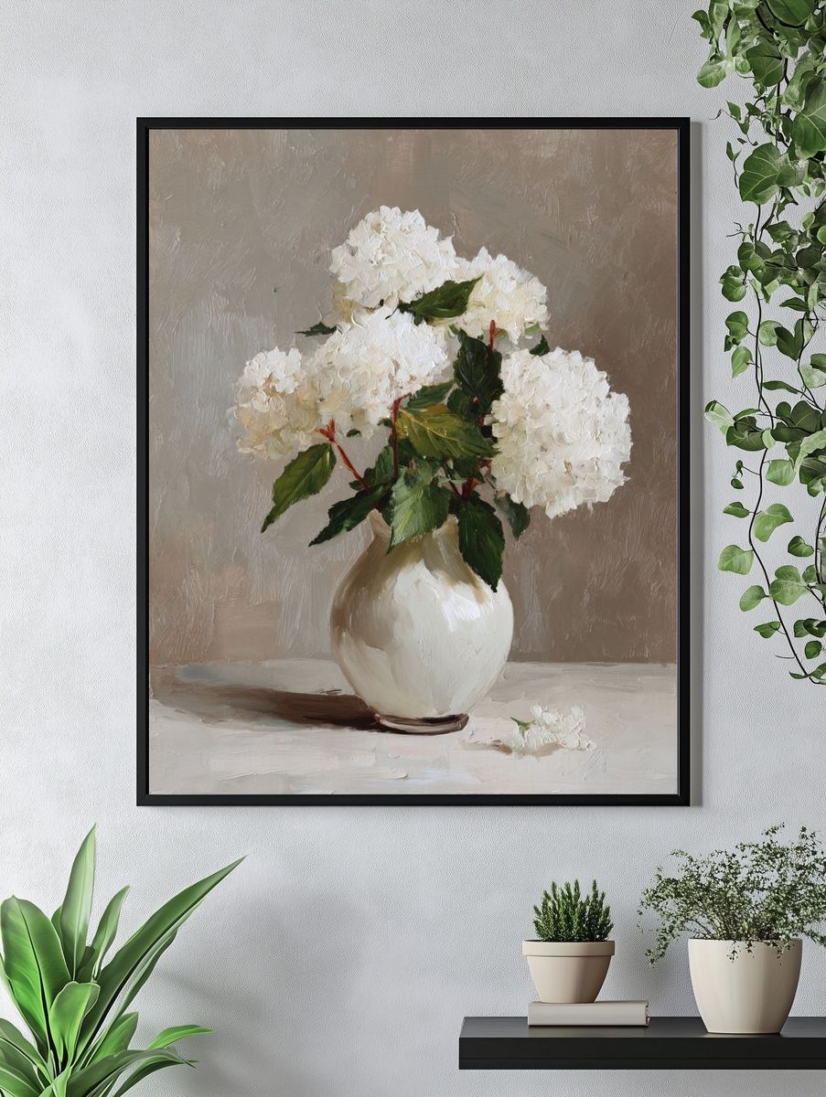 White Hydrangeas Still Life Print. — room view 4