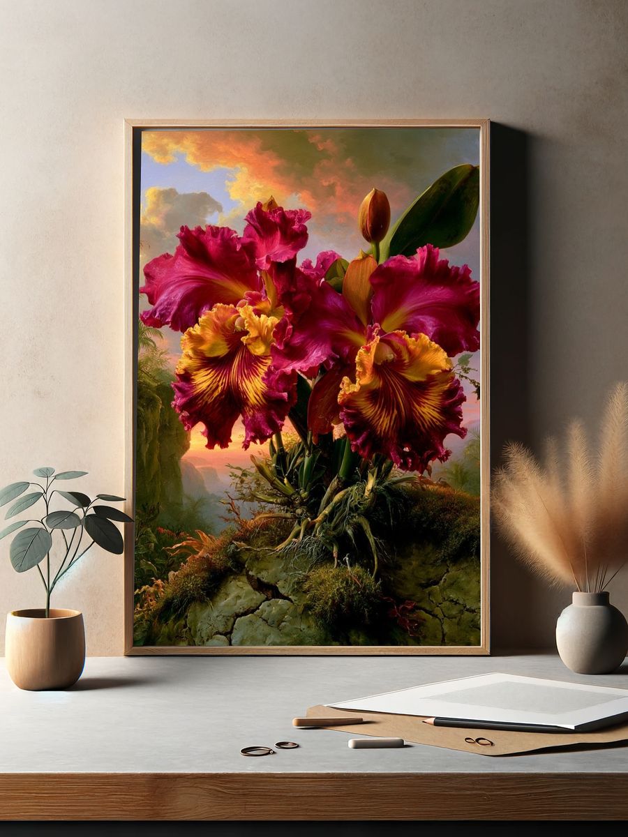 Tropical Orchid Sunset Print. — room view 2
