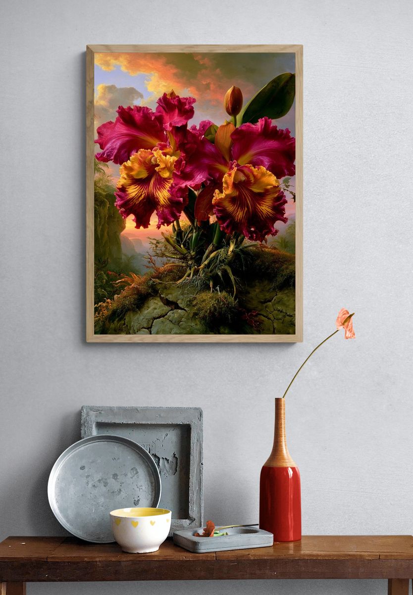 Tropical Orchid Sunset Print. — room view 3