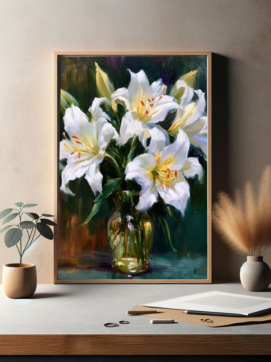 White Lilies Still Life Poster. — room view 2