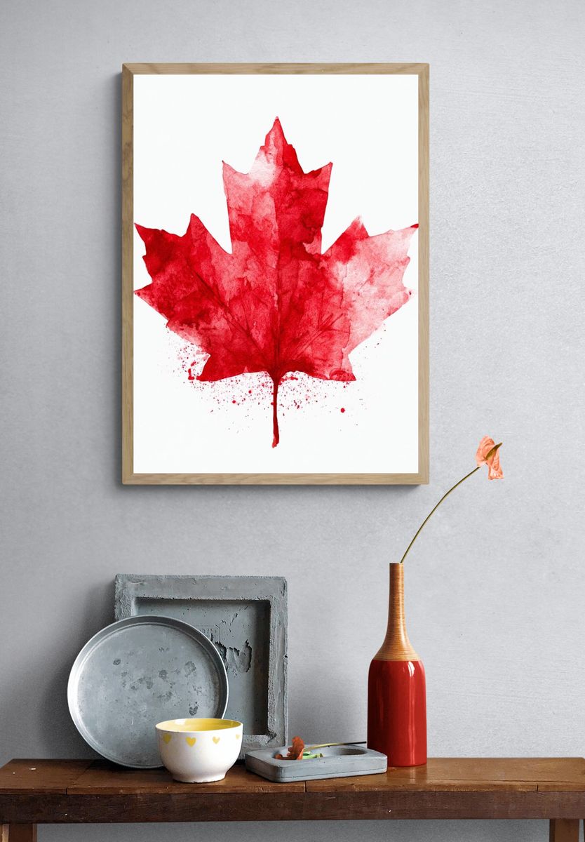 Red Maple Leaf Watercolor Print. — room view 3