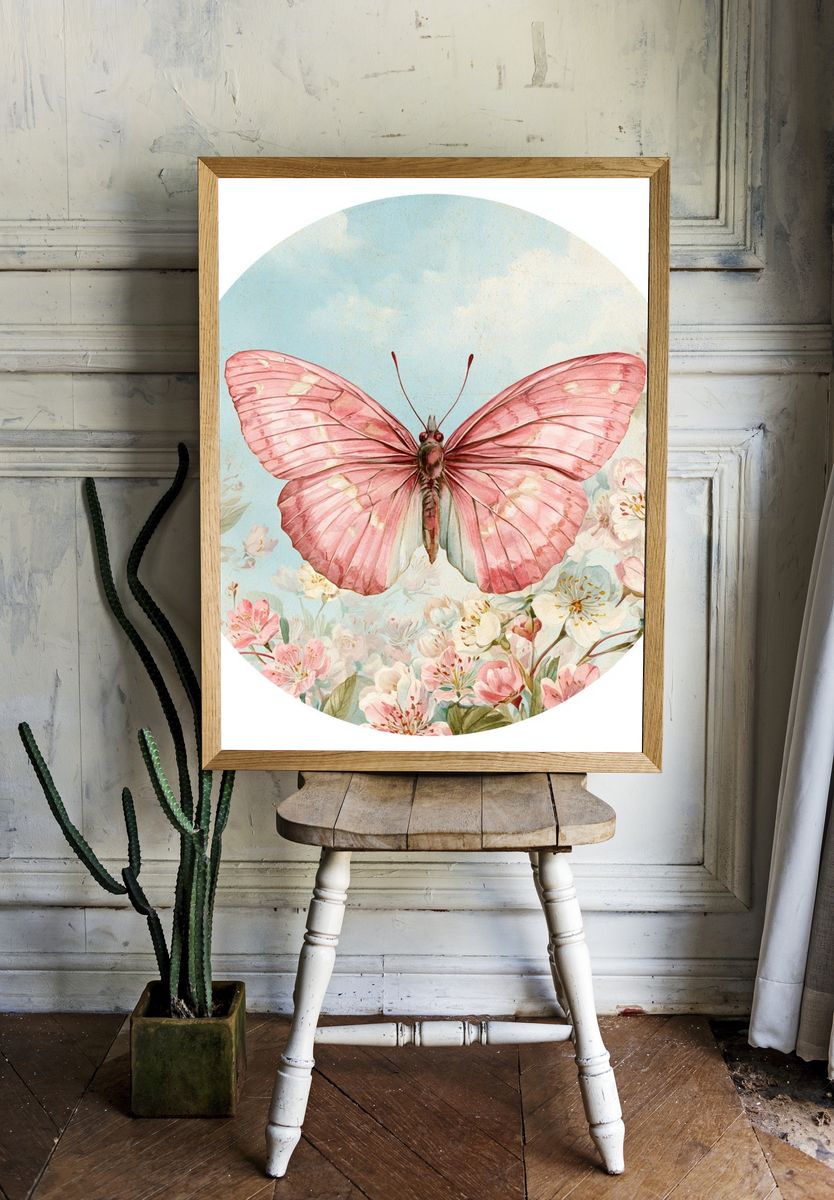 Pink Butterfly Garden Print. — room view 1