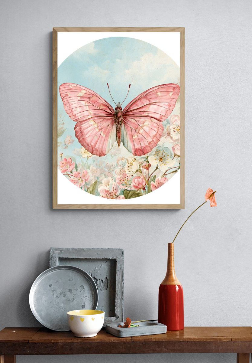 Pink Butterfly Garden Print. — room view 3