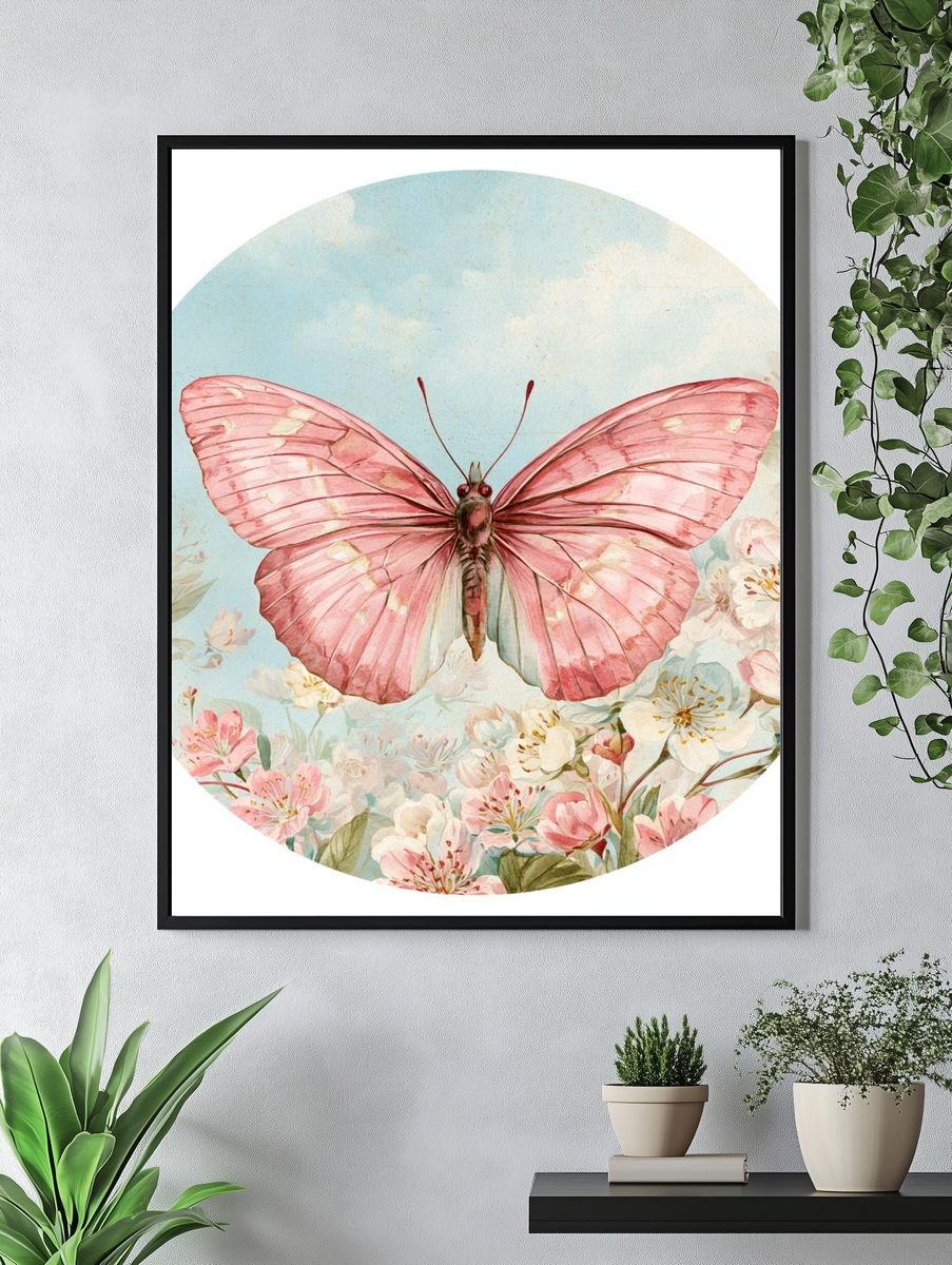 Pink Butterfly Garden Print. — room view 4