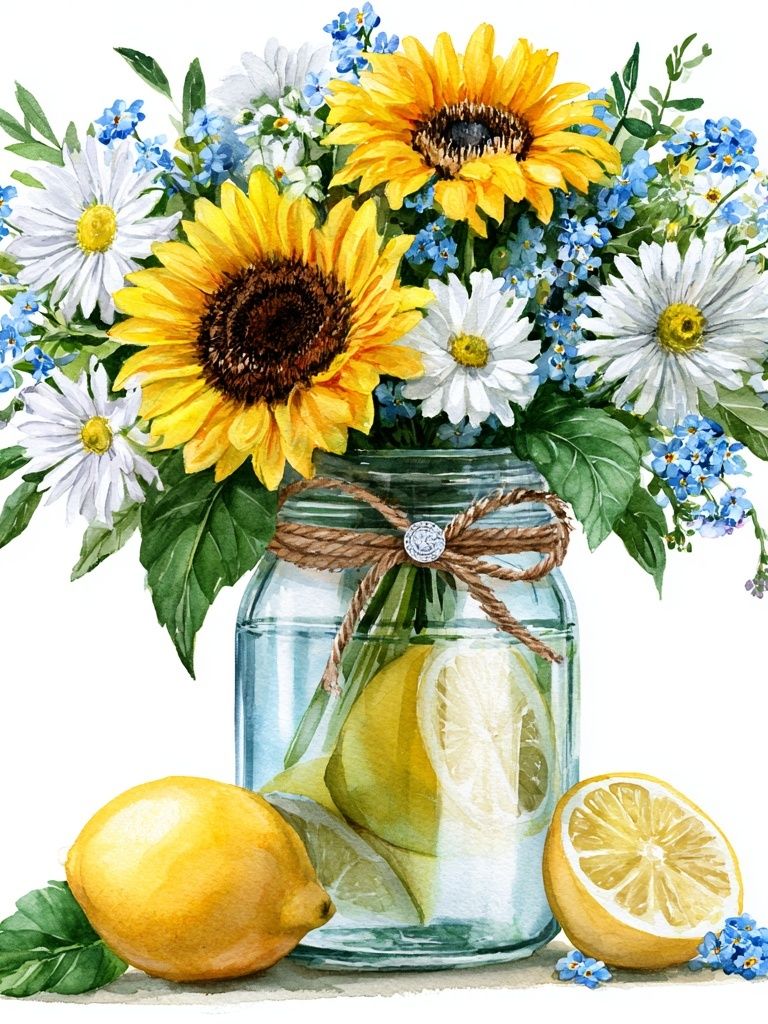 Sunflower Lemon Bouquet Watercolor Print. poster — botanical art
