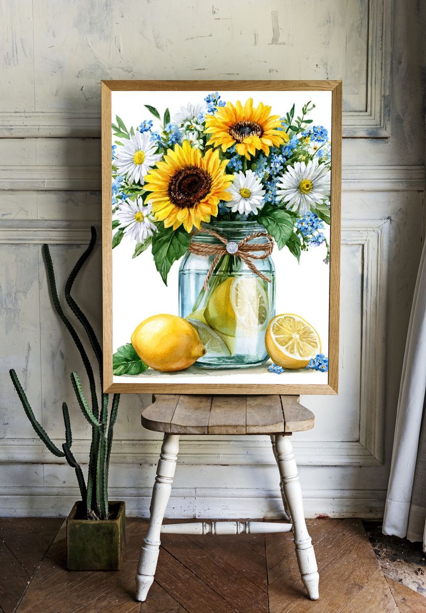 Sunflower Lemon Bouquet Watercolor Print. room preview
