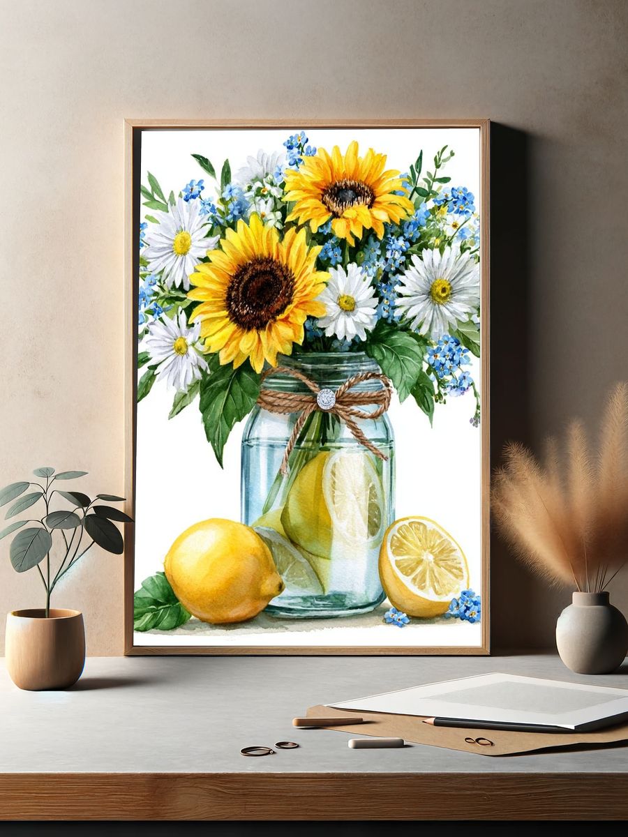 Sunflower Lemon Bouquet Watercolor Print. — room view 2