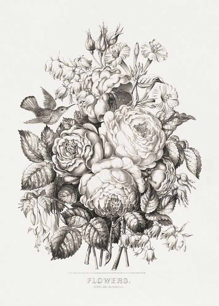 Roses bluebells (1870) chromolithograph art. poster detail