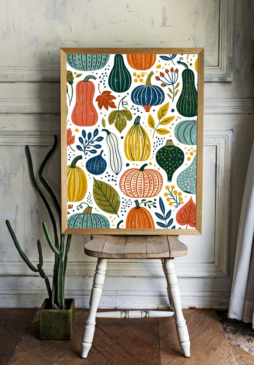 Autumn Pumpkins Botanical Print. room preview