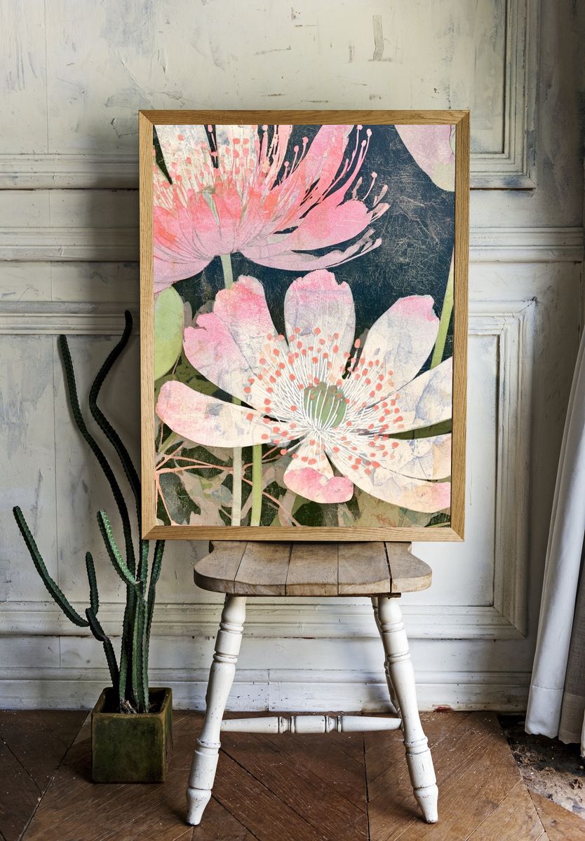 Pink Lotus Blooms Botanical Print. — room view 1