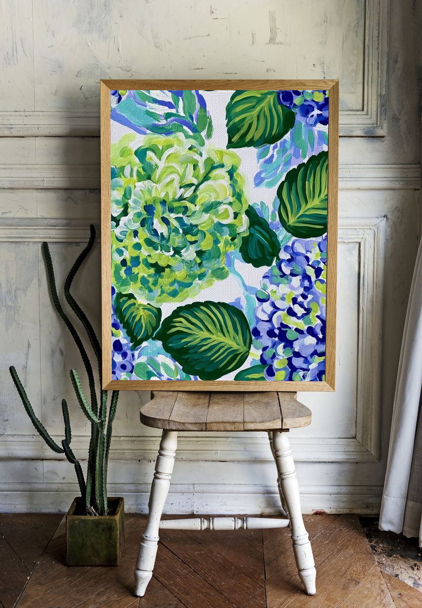 Tropical Hydrangea Botanical Print. room preview